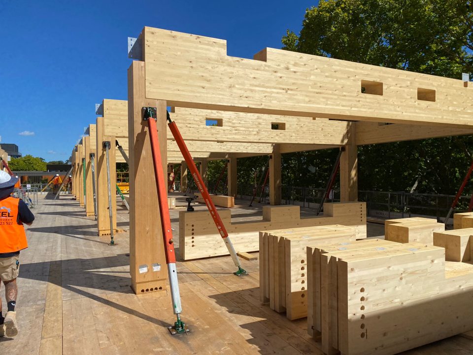 Aluminium Tilt Prop installed on site holding up solid timber framing